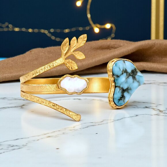 ๐๏ธBoho Artisan Jewelry Set 18K Gold Plated Genuine Turquoise Baroque Pearls - Picture 6 of 15